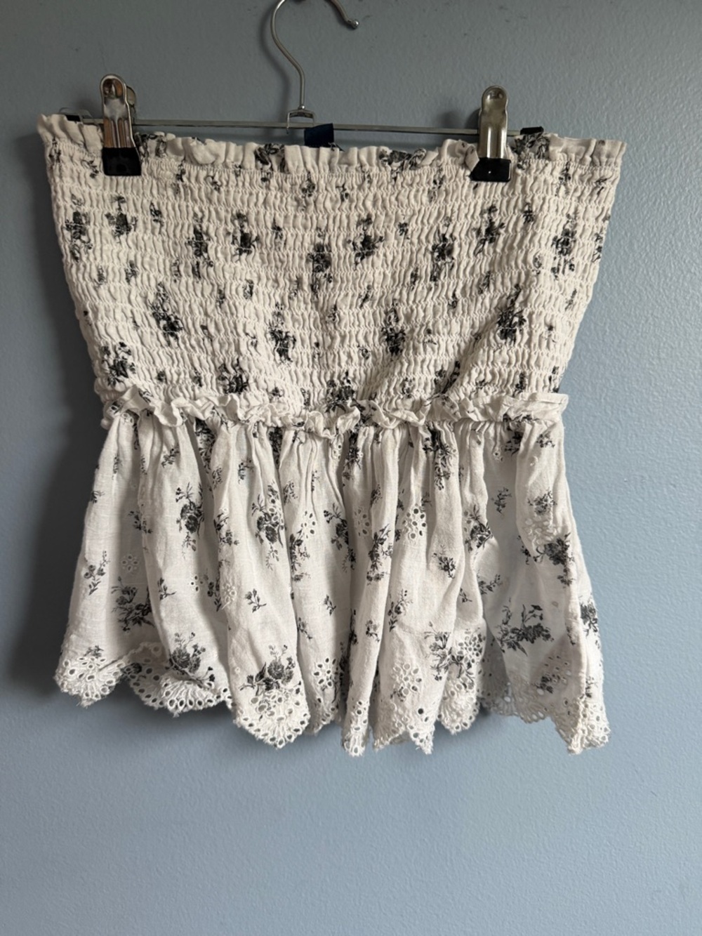 American Eagle Outfitters White Floral Smocked Strapless Top